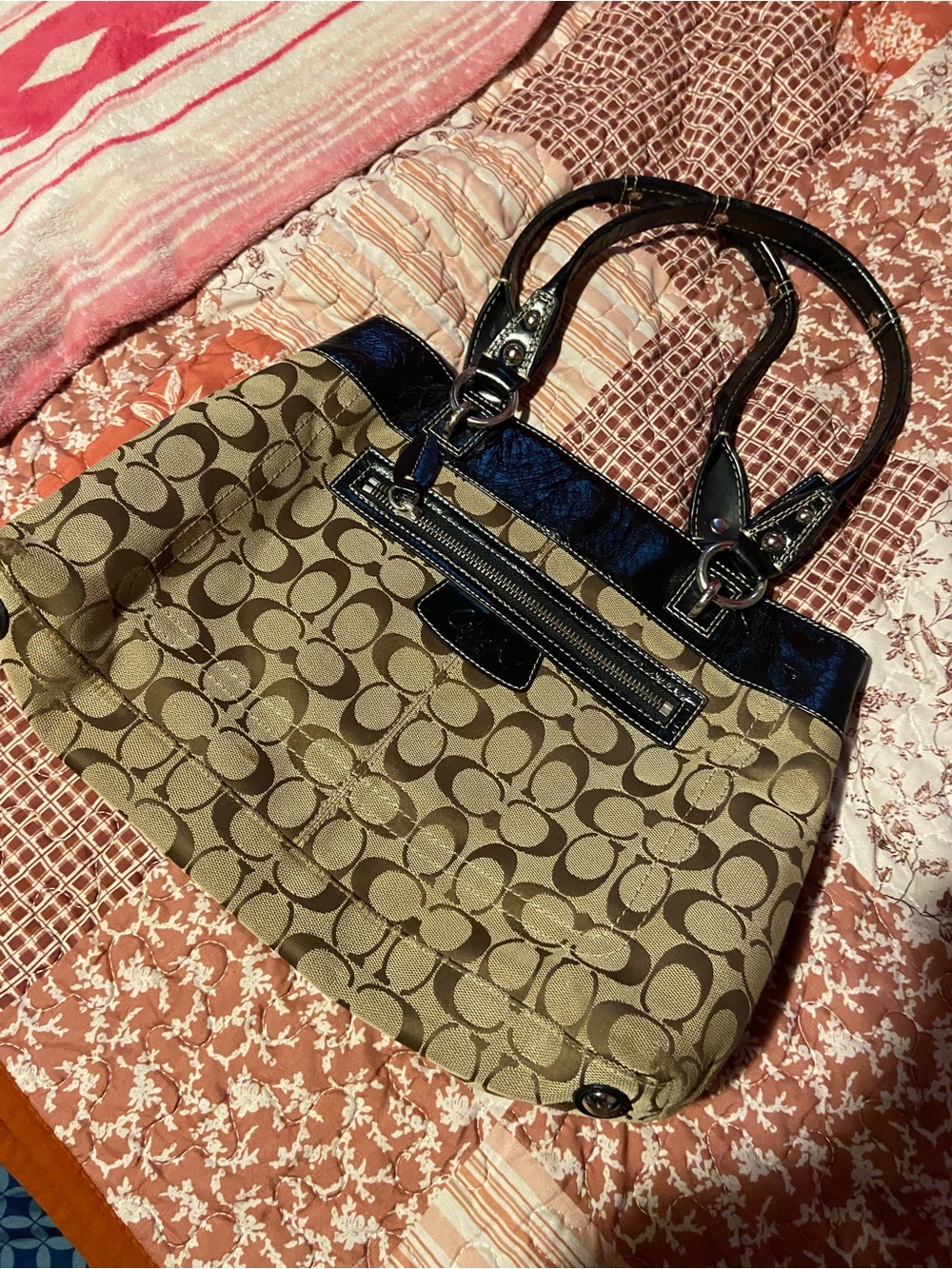 Coach Brown Signature Canvas Tote with Black Patent Trim